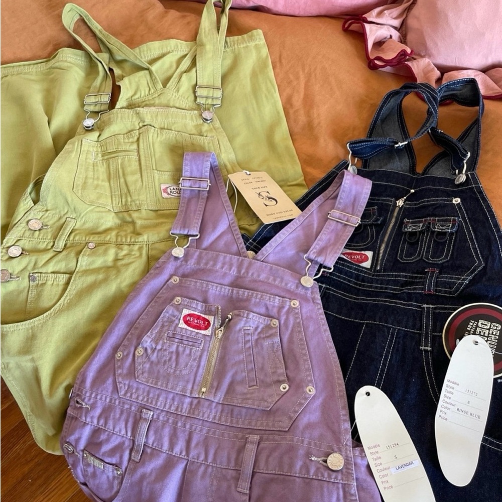 Revolt Jeans Lime, Lilac, and Dark Denim Overalls Set